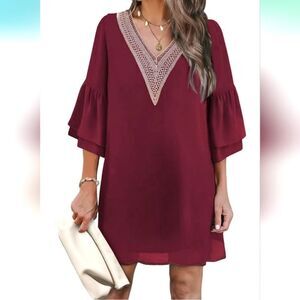 HOTOUCH Dresses for Women Summer Bell Sleeve Guipure Lace Patchwork Swing